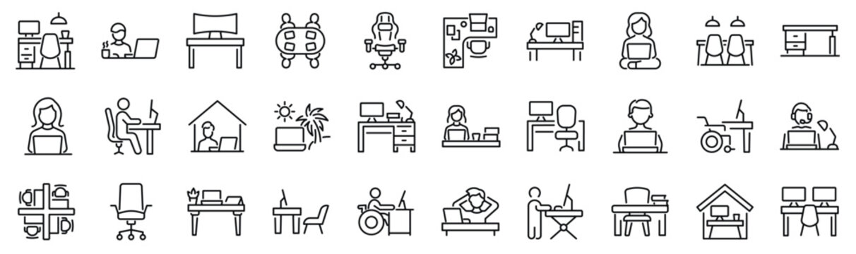 Set of 30 outline icons related to workspace. Linear icon collection. Editable stroke. Vector illustration