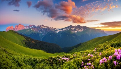 A picturesque mountain landscape at sunset.