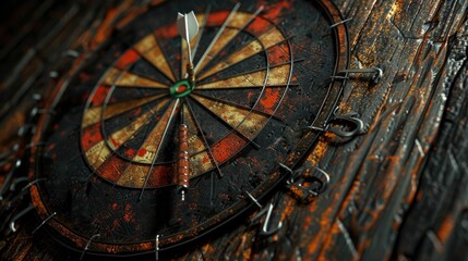 Aged dartboard with a worn dart stuck in the bullseye, set against a weathered wooden backdrop with...