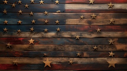 Naklejka premium American flag displayed on a rustic wooden table against a textured brown background