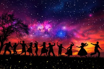 Fototapeta premium Silhouettes of Diverse People Dancing: A dynamic image of silhouettes of people from different cultures dancing together under a colorful night sky
