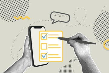 Trendy halftone collage. Hand holding phone,used for paperless online approval . Document management concept.Vector business concepts for graphic and web design, marketing and print materials