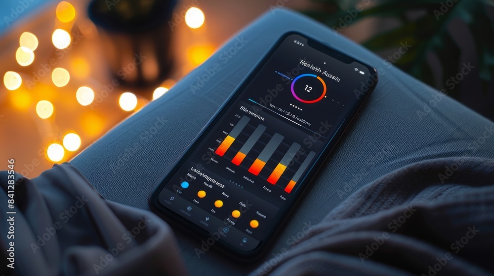 Poster a smartphone displaying a sleep tracker app with data on sleep quality and length of sleep.