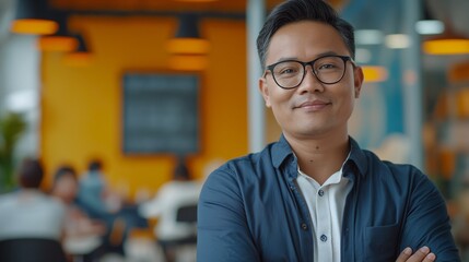 Fototapeta premium Portrait of male Filipino handsome business leader, modern bright office boardroom, professional atmosphere, leadership, diverse workplace, corporate setting.