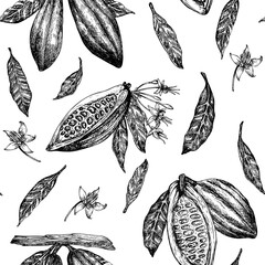 Seamless pattern with cocoa fruit graphic illustration, hand drawn sketch of vegetable, leaves, flowers. Botanical drawing of tropical fruit. Engraving for food packaging design