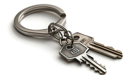 A keychain with two keys and a charm in the shape of a house with solid white background 