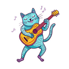 A  cat animal is dancin with full guitar.