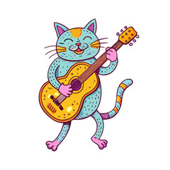 A  cat animal is dancin with full guitar.