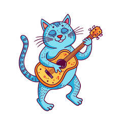 A  cat animal is dancin with full guitar.