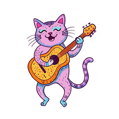 A  cat animal is dancin with full guitar.