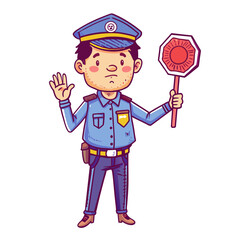 Young police officer holding stop sign full standing man y detail with precision.     