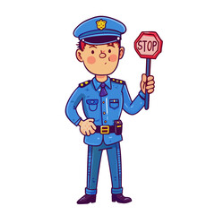 Young police officer holding stop sign full standing man y detail with precision.     