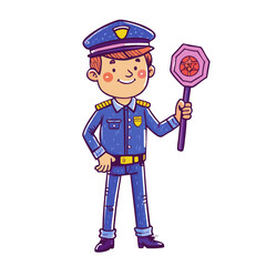 Young police officer holding stop sign full standing man y detail with precision.     