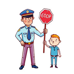 Young police officer holding stop sign full standing man y detail with precision.     