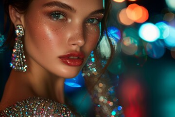 Illustrate the epitome of glamour with a close-up shot of a model adorned in glittering jewels and a sleek evening dress, exuding confidence and allure under the glow of city lights. © Lucianastudio