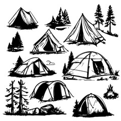 A collection of tents in a forest setting. The tents are of various sizes and shapes, including a dome tent, a teepee, and a pop-up tent. Concept of adventure and exploration