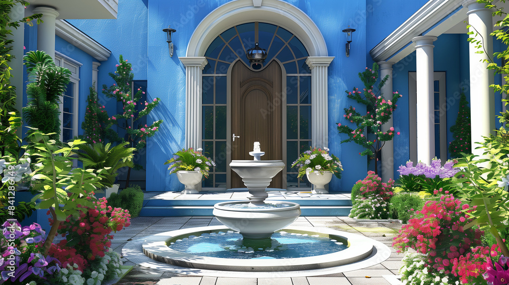 Wall mural blue house entrance with fountain and nice patio. blue house with nice new patio and fountain with f