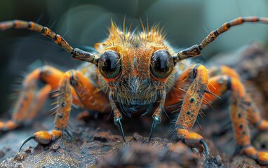 Detailed close-up of a colorful beetle on a textured surface, showcasing its intricate details.