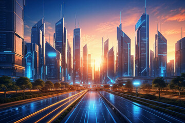 Fototapeta premium Future Digital City Smart City and technology business concept