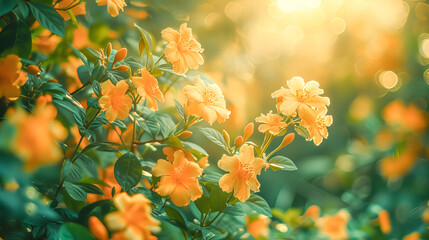 Vibrant yellow flowers bask in the golden sunlight of a lush tropical rainforest