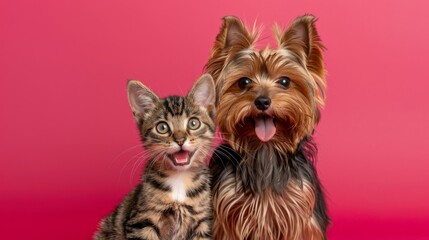 Naklejka premium The Yorkshire Terrier and tabby kitten look up with surprised expressions on a pink backdrop