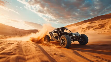 Off-road buggy speeding through desert dunes