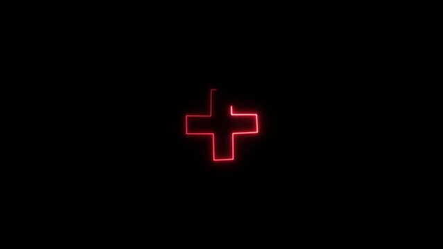 Abstract neon medical cross icon animation, neon plus sign icon, medical check up plus icon, neon fast kid, neon aid kid.