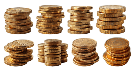 Collection of Golden coin stacks On isolated transparent PNG background