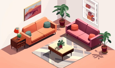 Fototapeta premium living room isometric vector flat minimalistic isolated illustration