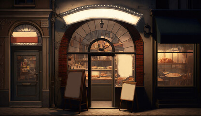Naklejka premium Showcase entrance of a store, pizzeria, street cafe with a signboard, evening light. AI generated.