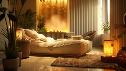 Fototapeta premium Serene spa room with comfortable bed and natural light