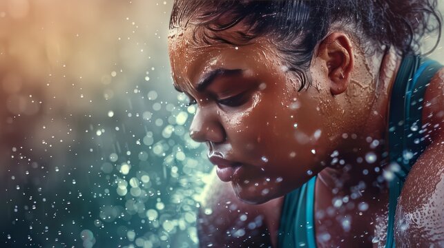 A powerful image of a plus-size athlete breaking a sweat during a strenuous workout.