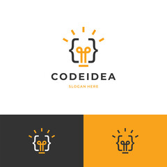 creative think programmer logo design with light bulb and code symbol simple modern concept