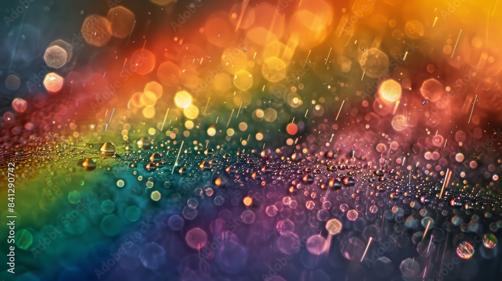 Poster a rainbow captured in a macro photograph, revealing the intricate details of its individual raindrop