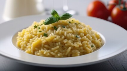 A close-up shot of a bowl of creamy risotto garnished with fresh herbs. The risotto's rich, golden hue is complemented by the green garnish, creating a warm and inviting dish