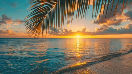 Panoramic sunset view of the beautiful coast, with turquoise sea next to fine sandy beaches and palm trees