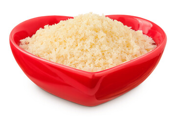 grated parmesan cheese in ceramic bowl isolated on white background