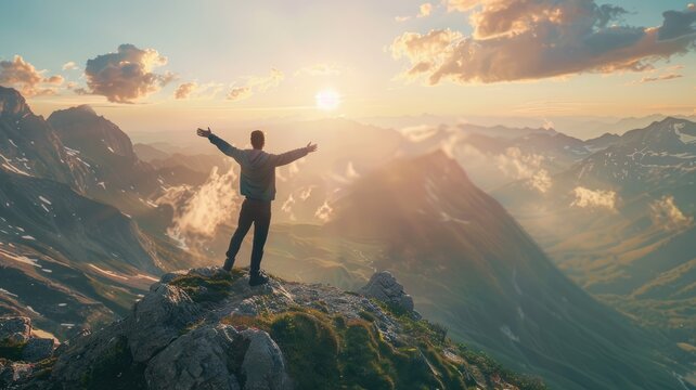 The man thank God on the mountain.