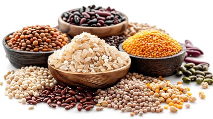 Fototapeta premium A variety of beans, peas, and grains are scattered across the white background 