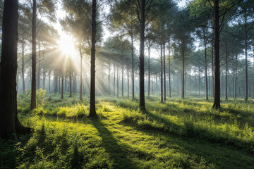 Obraz premium The early morning sun reflected itself on the grass through the trees