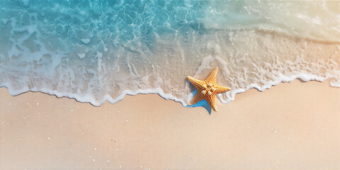 Fototapeta premium Beach with starfish and blue sea from above. Summer holiday illustration