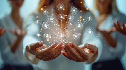 Teamwork, strategy, and achievement are represented by innovative icons held in the hands of businesswomen. Generative AI.