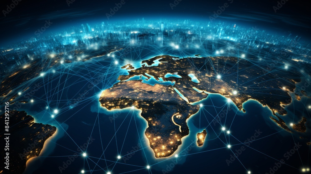Poster a satellite view of earth with interconnected lines representing the flow of goods, information, and