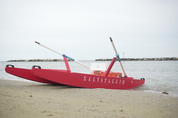 Obraz premium Emergency lifeguard safety boat near Adriatic sea. Emilia Romagna, Italy. 