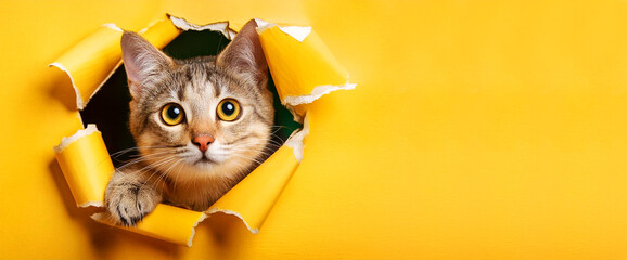 Close-up and front view of a cute cat looking at camera through the torn hole in orange and yellow paper with copy space. Banner for animal food, veterinary clinic or advertisement. Generative Ai.