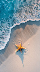 Beach with starfish and blue sea from above. Summer holiday illustration