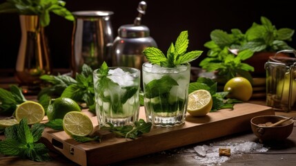 a mojito glass placed on a wooden board. Each glass is filled with shaved ice and a clear liquid, filled with soda, lime and other ingredients typical of a mojito.