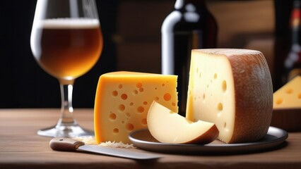 A selection of cheeses on a wooden board accompanied by a glass of beer. The variety of cheese textures and colors, along with the warm, inviting atmosphere, create an appetizing display