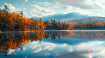 Fototapeta premium A serene autumn landscape of a tranquil lake reflecting the vibrant colors of the surrounding fall foliage, with a majestic mountain range in the distance,