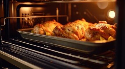 Naklejka premium roast chicken in the oven. The chicken looks browned and crispy, indicating it is almost perfectly cooked.